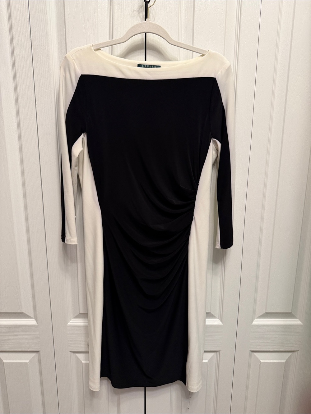 Lauren Ralph Lauren Black and White Long-Sleeve Ruched Sheath Dress